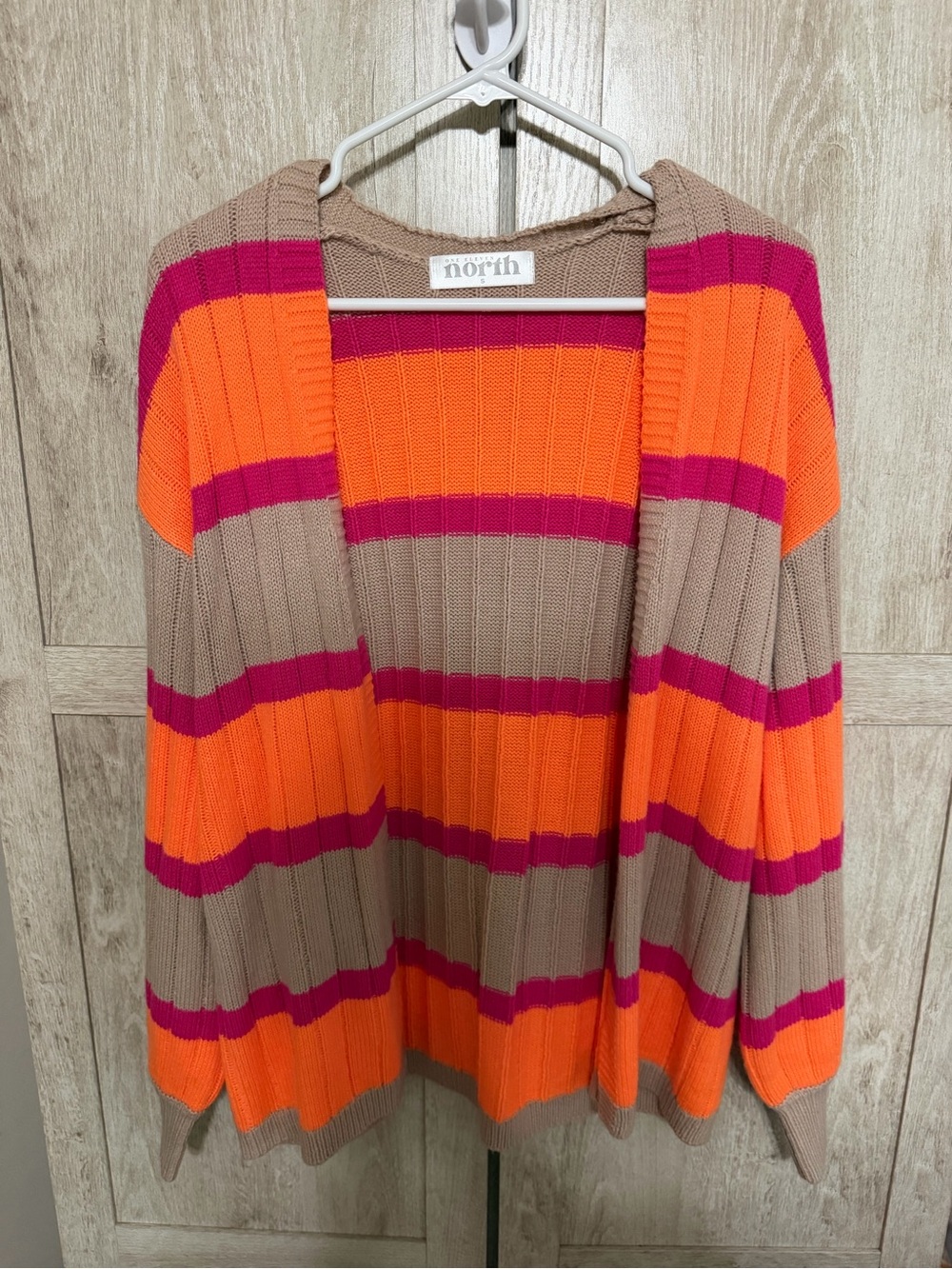 North Striped Open-Front Cardigan Sweater in Tan, Orange & Pink